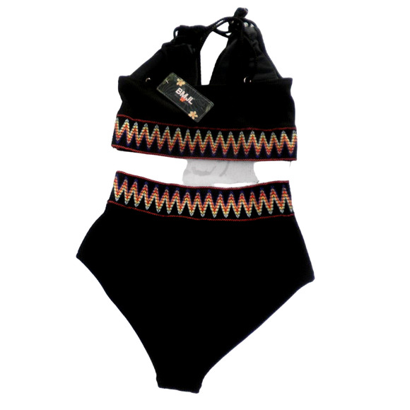 High Waisted Bathing Suits Ribbed Two Piece Bikini Set V-Neck Push Up, SM, Black - Picture 6 of 10
